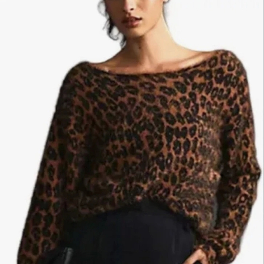 PILCRO x ANTHROPOLOGIE Leopard Print Eyelash Cropped Drapey Sweater Small - Picture 2 of 11
